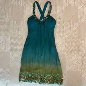 100% Silk Green and Blue Beaded Muse Fairy Dress 🧚🏼‍♀️🩵✨